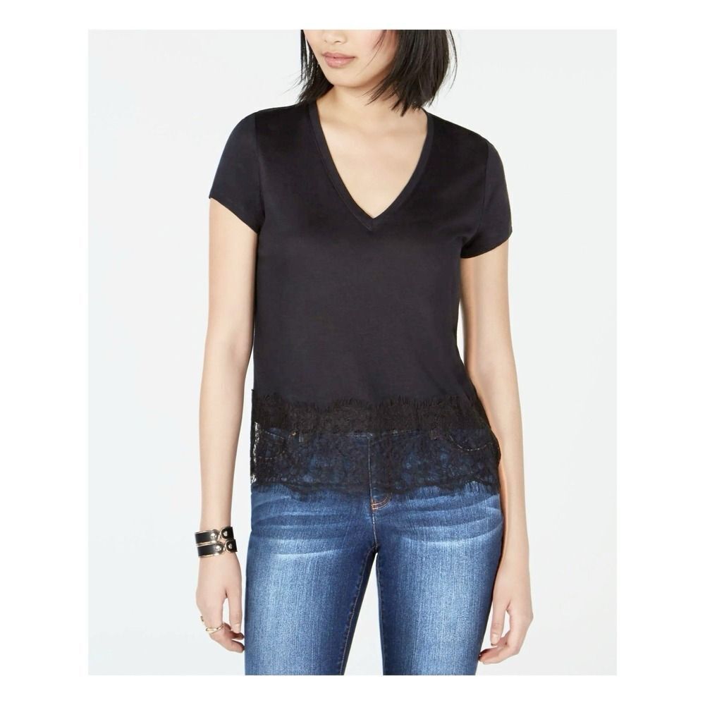 BAR III Womens Black Lace Short Sleeve V Neck Tshirt. Sz S